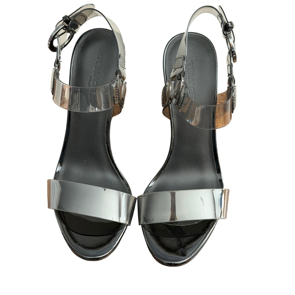 Karl Lagerfeld Paris CIEONE Black Smoke Clear Strap Heeled Sandals  7M‎ NWOB